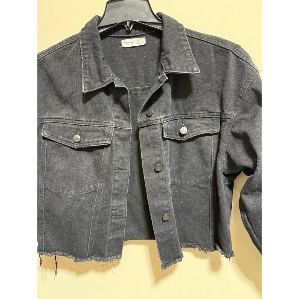 Lia Cher Women's Black Denim Jean Jacket Raw Hem Collared Pockets L 12-14 - Picture 3 of 9